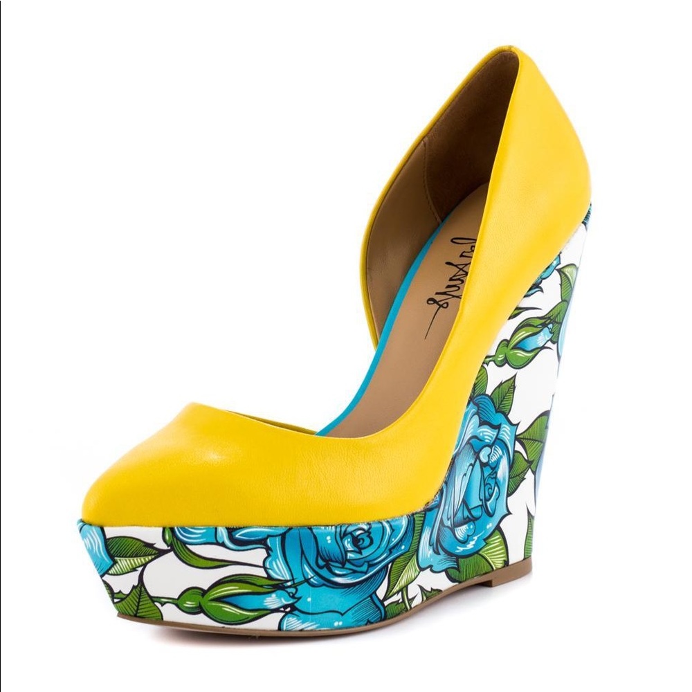 Taylor Says Bonafide yellow blue floral print open side pointed platform wedge